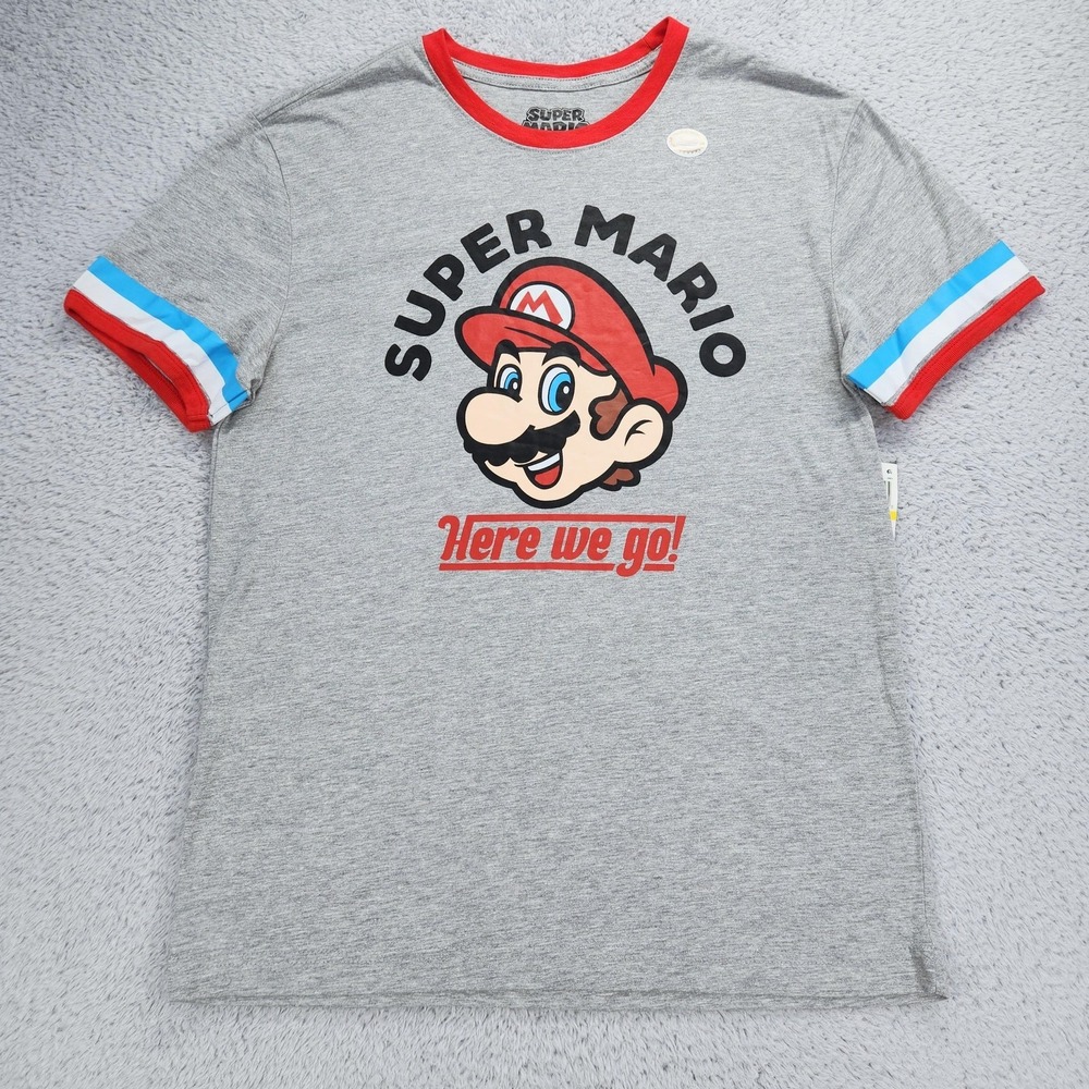 Hybrid Apparel Super Mario Shirt Mens Medium Gray Ringer Graphic Tee Here We Go